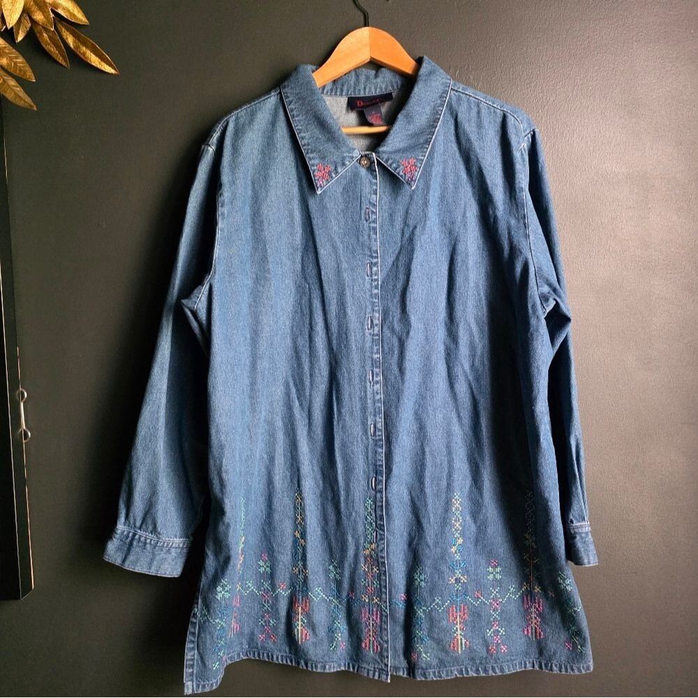 Denim & Co. Denim Tunic Shacket Colorful Aztec Western Country Boho Sz 1X